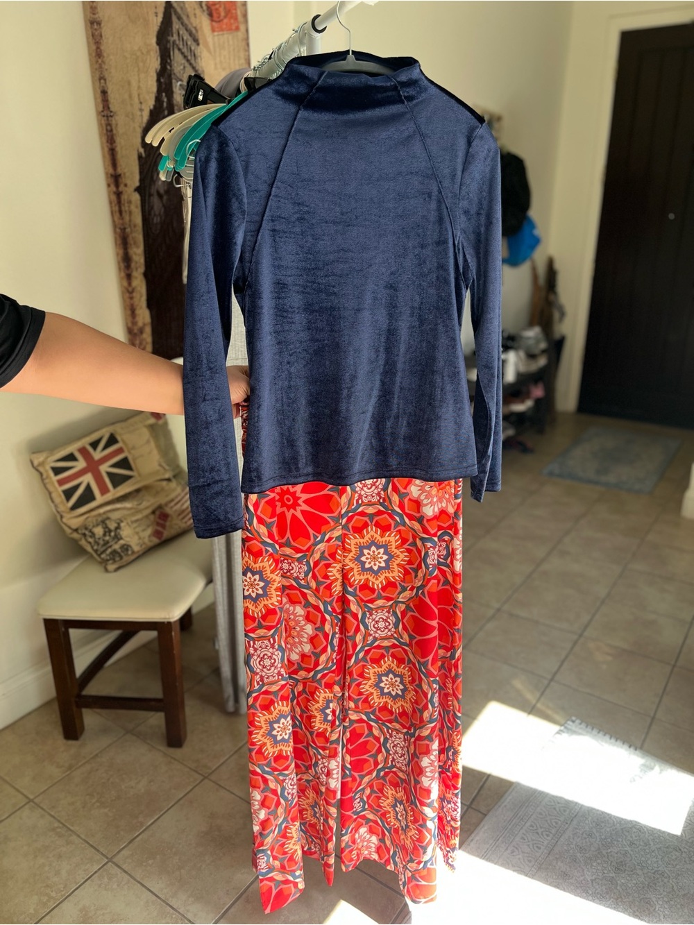 Velvet Long-Sleeve Top with Retro Floral Palazzo Pants
